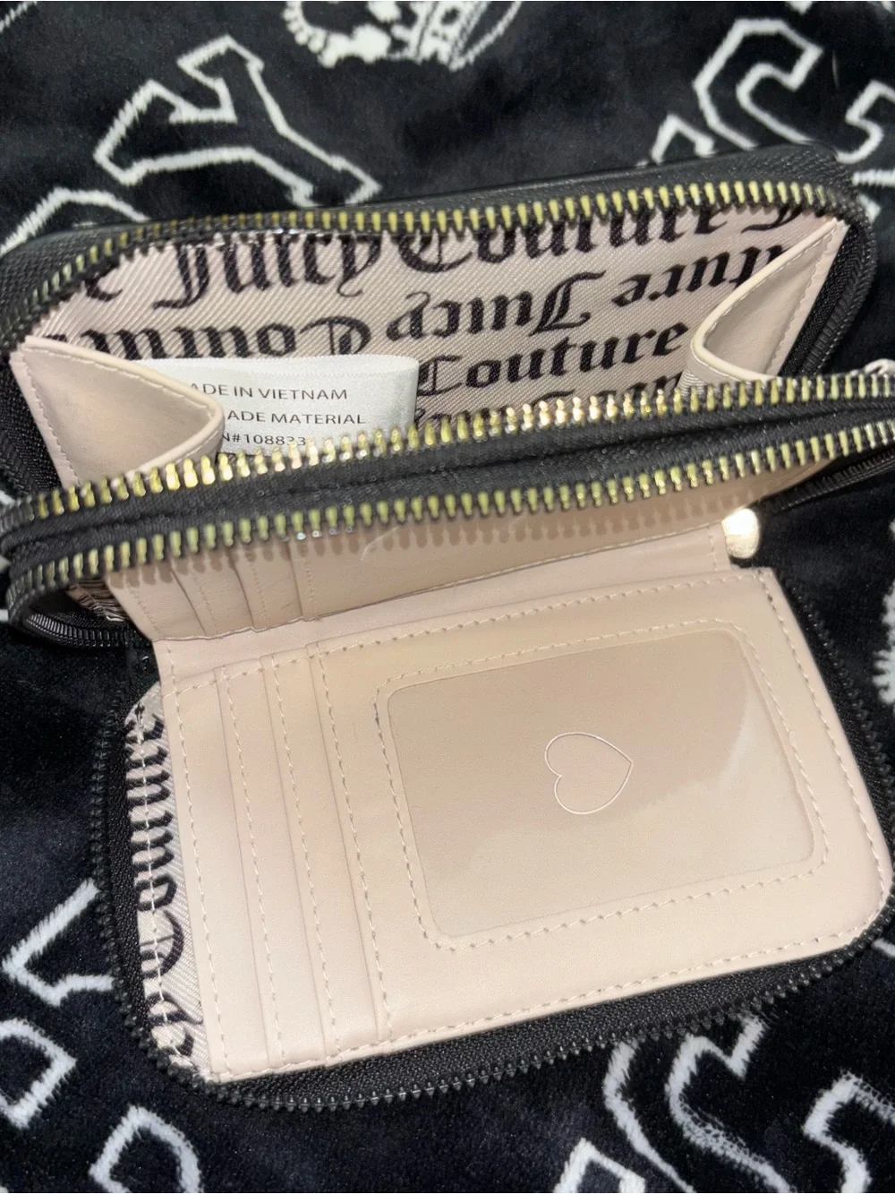 Juicy Couture Black Logo Zip Wallet with Gold Heart Charm